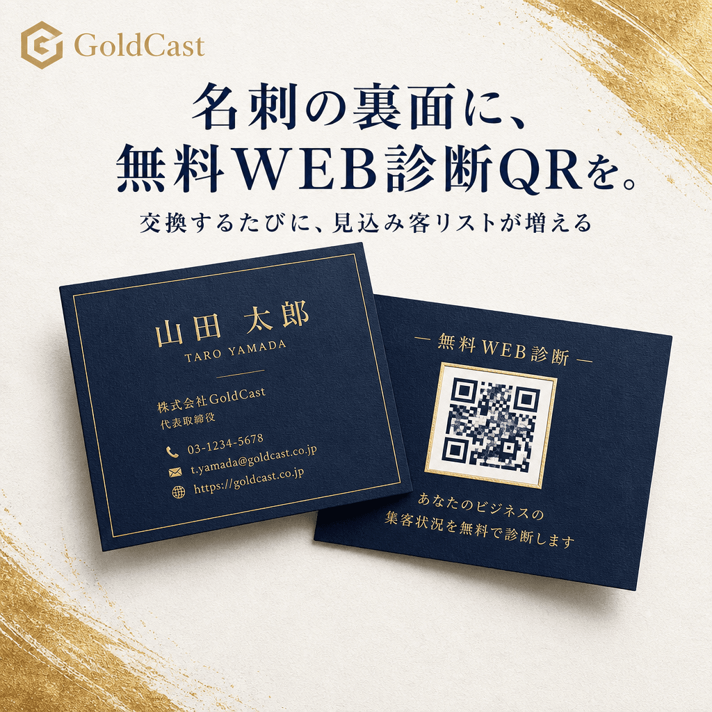 名刺裏面の無料Web診断と、スマホで開く診断画面のイメージ